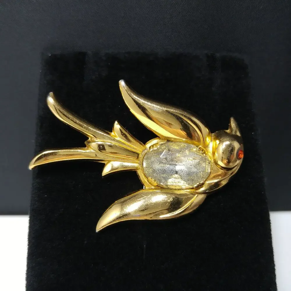 Coro Pegasus Bird Brooch, Clear Faceted Rhinestone Red Eye 1940s Vintage Jewelry